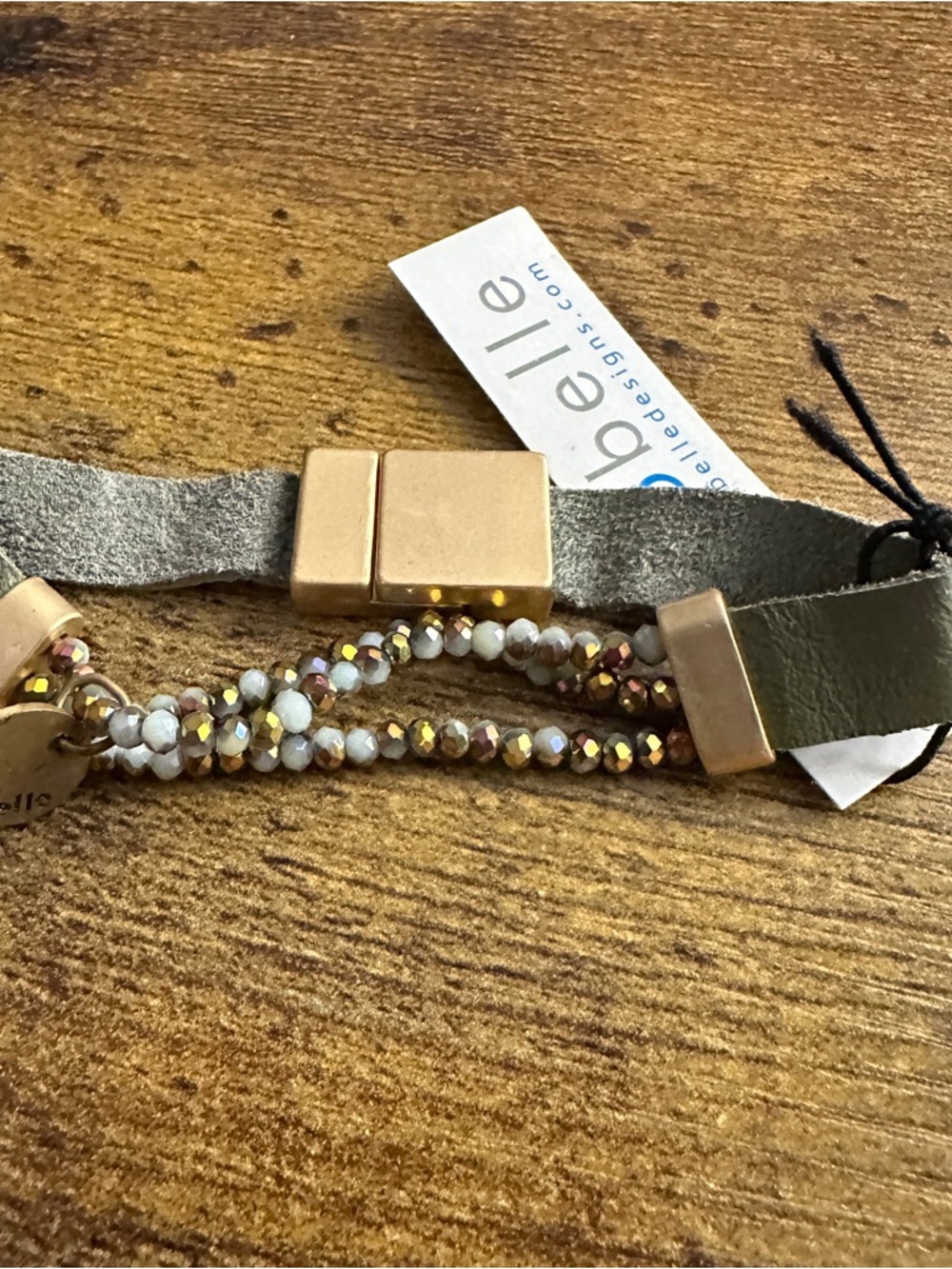 Anthropologie Cocobelle Bracelet Green Gold Leather Beaded Magnetic Boho New - Picture 6 of 8
